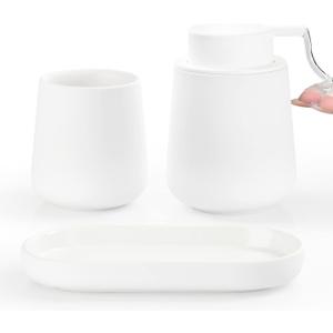 BosilunLife White Bathroom Accessory Set - 3 pcs Ceramic Bathroom Soap Dispenser Set Farmhouse Bathroom Decor Sets Accessories, Soap Dispenser and Toothbrush Holder, Tray (White Set - Liquid Pump)