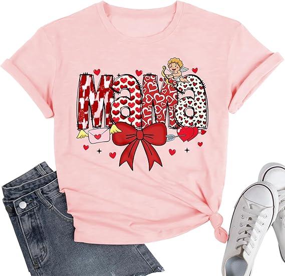 Womens Valentines Shirt-Pink Love Mama Graphic Tshirts Funny Mama Vacation Casual Outfit, XL 
