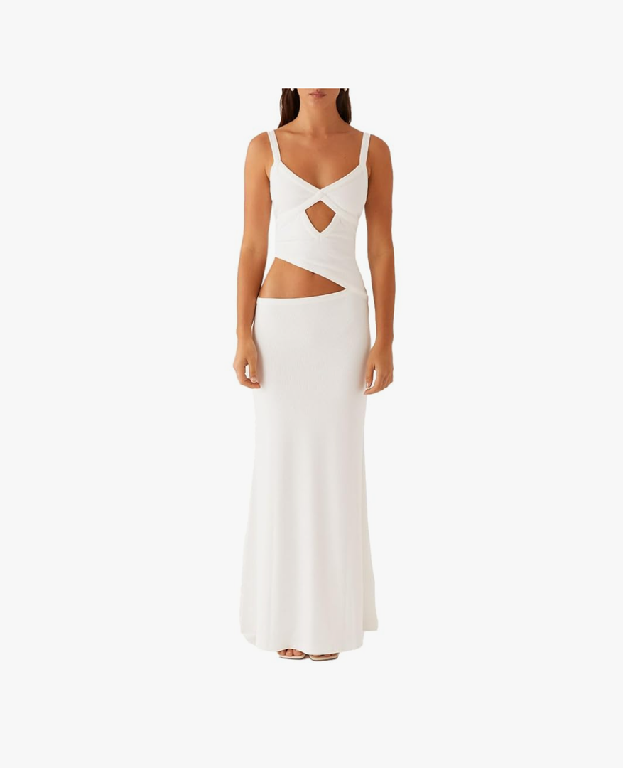 Women Sexy Maxi Dress Cut Out V Neck Spaghetti Straps Bodycon Long Dress Summer Party Cocktail Wear, Size S, White