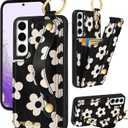Petitian for Samsung Galaxy S22 Wallet Stand Case - Women Girls Cute Girly Aesthetic Unique Design Leather Credit Card Holder Cardholder Stand Wristband for Galaxy S22, White Flowers