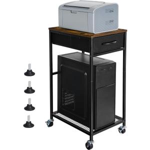 YBING Computer Tower Stand PC Tower Stand with Storage Drawer Mobile CPU Holder Stand with Caster Wheels 2 Tier Rolling Computer Tower Cart for Home Office Fax, Rustic Brown