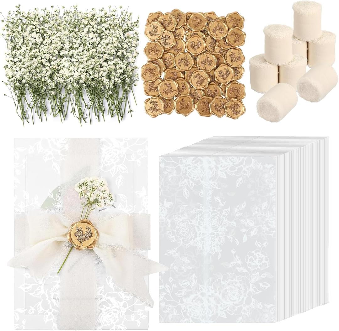 Wedding Invitation Accessories Kit, Pre-Folded Vellum Jackets for 57 Invitations with Wax Seal Stickers, Ribbon & Dried Flowers, Elegant Wedding Invitation Accessories for DIY Bridal Invites (White-Rose, 50)