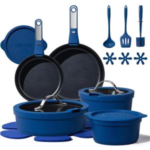 CAROTE 21pcs Pots and Pans Set Non Stick, Nonstick Cookware Set, Dishwasher/Oven/Fridge Safe Pots and Pans, Removable Handle RV Oven Safe Cookware, Induction Kitchen Set, Blue