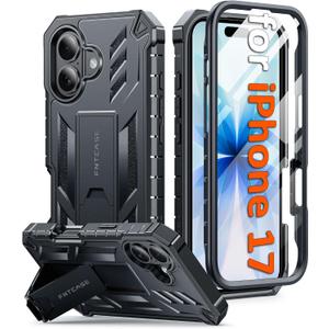 FNTCASE for iPhone 17 Phone Case: Military Grade Drop Proof Protection Mobile Cover with Kickstand | Matte Textured Rugged Shockproof TPU | Protective Sturdy Phone Case - 6.3 inch Black