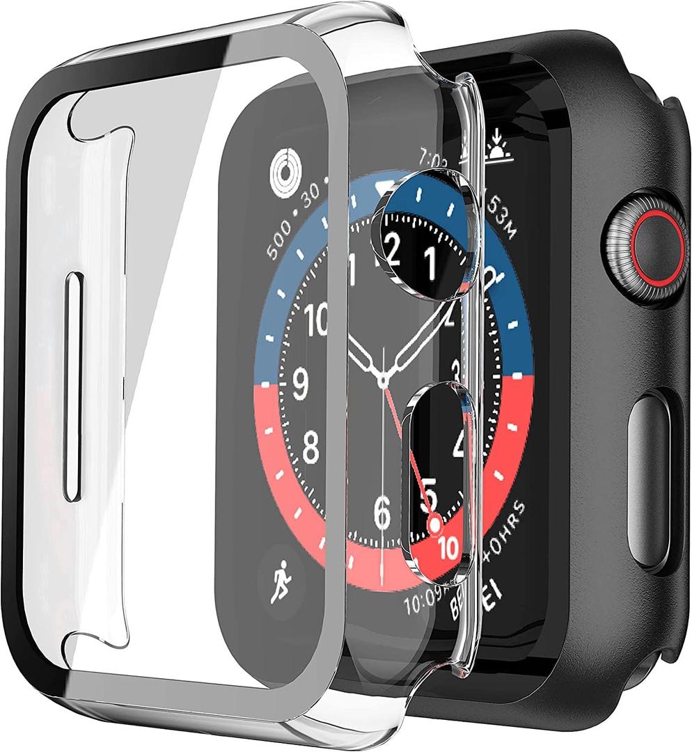 Misxi 2 Pack Hard PC Case with Tempered Glass Screen Protector Compatible with Apple Watch SE 3 (2025) SE 2 SE Series 6 Series 5 Series 4 44mm, Overall Shockproof Protective Cover for iWatch, 1 Black + 1 Transparent