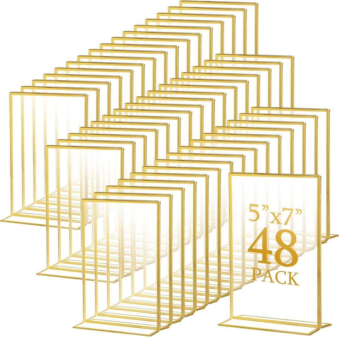 Hoteam Gold Acrylic Sign Holders, Gold Picture Frames Clear Wedding Table Numbers Double Sided Acrylic Holders for Wedding Restaurant Table Number Photos Menu Cards Art(48 Pack,5 x 7 Inch)