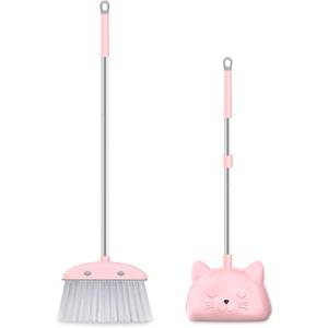 Mini Broom with Dustpan for Kids, 28-in Handle Kids Broom and Dustpan Set for Toddlers Cat-Shaped Children Broom and Cleaning Set Boys Girls Small Housekeeping Helper Set, Pink