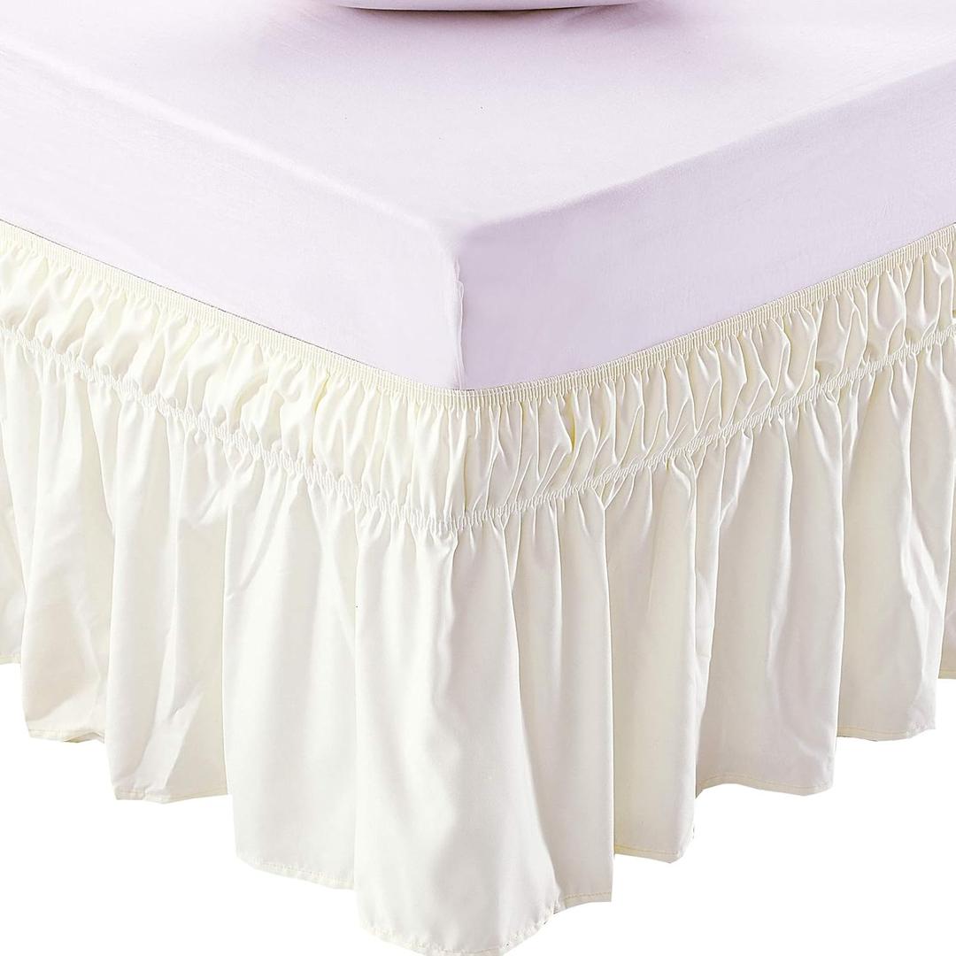 MEILA Wrap Around Bed Skirt Three Fabric Sides Elastic Dust Ruffled 14 Inch Tailored Drop,Easy to Install Fade Resistant-Ivory, Queen/King