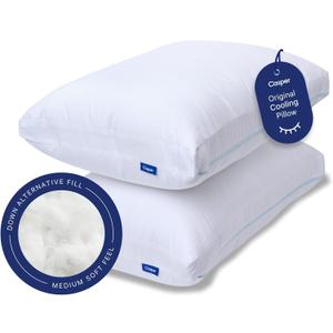 Casper Sleep Original Cooling Pillow 2-Pack, Standard Size – Medium Soft Feel, Down-Alternative Fill, Supports Side, Back & Stomach Sleepers, Neck Pain Relief, Machine Washable