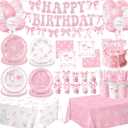 Pink Bow Birthday Decorations Include Plates, Napkins, Cups, Cutlery, Banner, Hanging Swirls, Cake & Cupcake Toppers, Balloons, Tablecloths for Coquette Birthday Decorations, Serves 20