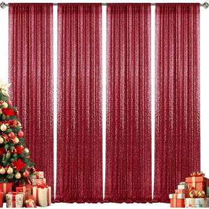 28FT-4PCS Burgundy Sequin Backdrop Curtains Panels, Photography Backdrop Glitter Curtains Fabric Background for Christmas Wedding Party Decor