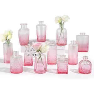RUCKAE 12 Pack Glass Bud Vases Mini Flower Vase Small Vintage Vases for Centerpiece Table Wedding Decorations Home Decor Party (Gradient Pink)