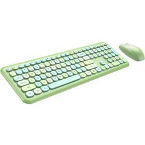Wireless Keyboard and Mouse Combo, 2.4GHz Full-Sized Colorful Cute Keyboard Mouse Set with Retro Typewriter Flexible Round Keys for Windows, Computer, Laptops, PC Green Colorful