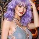 Lativ Purple Wig With Bangs Short Wavy Curly Bob Wigs for Women Colorful Wigs Shoulder Length 14 Inches Synthetic Fiber Hair for Halloween Costumes Cosplay