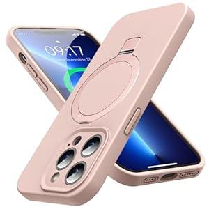 Mag-Ring Designed for iPhone 13 Pro Case, Liquid Silicone [Moisturizing Factor] Extreme Soft Slim Phone Case with Stand [Compatible with MagSafe] for iPhone 13Pro 6.1 inch Men Women, Light Pink