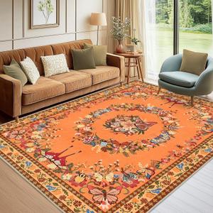 Area Rug for Living Room 6x9 Machine Washable Floral Butterfly Rug, Low Pile Throw Rugs with Rubber Backing Washable Non Slip Large Carpet for Dining Room Bedroom, Orange