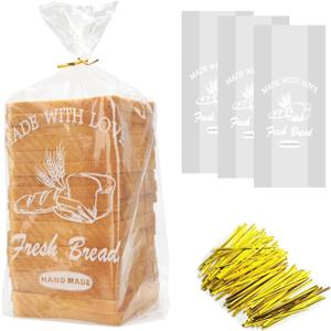Bread Loaf Packing Bags with Ties, Large Bakery Bread Plastic Bags, 8' x 4' x 18', 100 Pack, Reusable Adjustable