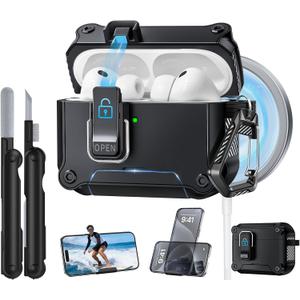 Dual Safety Lock for AirPods Pro 3 Case 2025, Compatible with MagSafe - Designed with Automatic Switch and Phone Stand, Includes a Cleaner & Keychain - Rugged Tough Hard Shell, Black