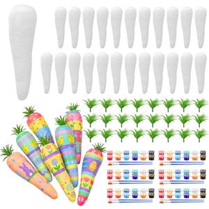 Gemscream 72 Pcs 5 Inch Easter DIY Foam Carrot Unfinished Kits White Simulated Polystyrene Craft Bulk Carrot DIY Spring Paint Your Own with Artificial Grass for Easter Kitchen Party Basket Decor
