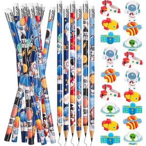 Space Party Favors Spaces Pencils and Erasers 72Pcs Wooden Pencils and Erasers for Birthday Party Favors Reward School Supplies Party Bag Fillers Christmas Gift(Space)