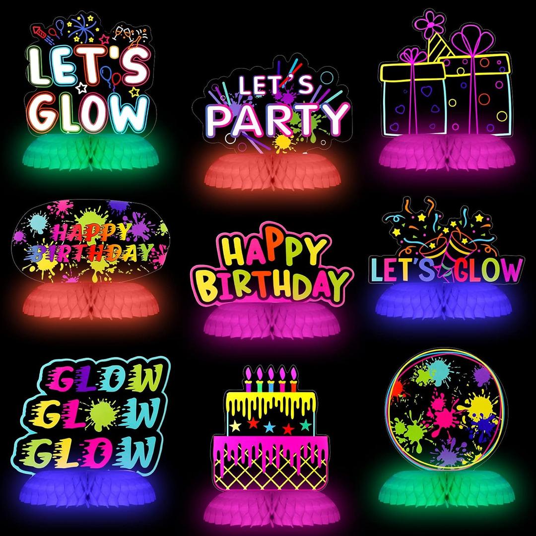 9 Pcs Real Glow in Dark Party Supplies, Glow Under UV Black Light Reflective Ink Printing Neon Honeycomb Birthday Decorations Neon Table Centerpieces Table Party Favor Decorations