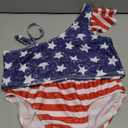 Girls 4th of July Swimsuit Size 8-10 Girls Tankini Swimsuit Blue-White Striped Halter Neck 4th of July Girls Swimsuit US Flag Swim Shorts 2 Piece Girls Swimwear, Size 150