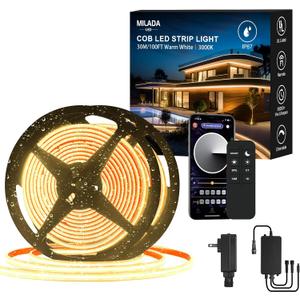 100FT COB LED Strip Lights Outdoor Waterproof, 30M Flexible 24V, Remote & App Control, Dimmable,3000K Warm White Led Tap Lighting For Garden Patio, Kitchen, Under Cabinet, Living Room Decor (2 Rolls)