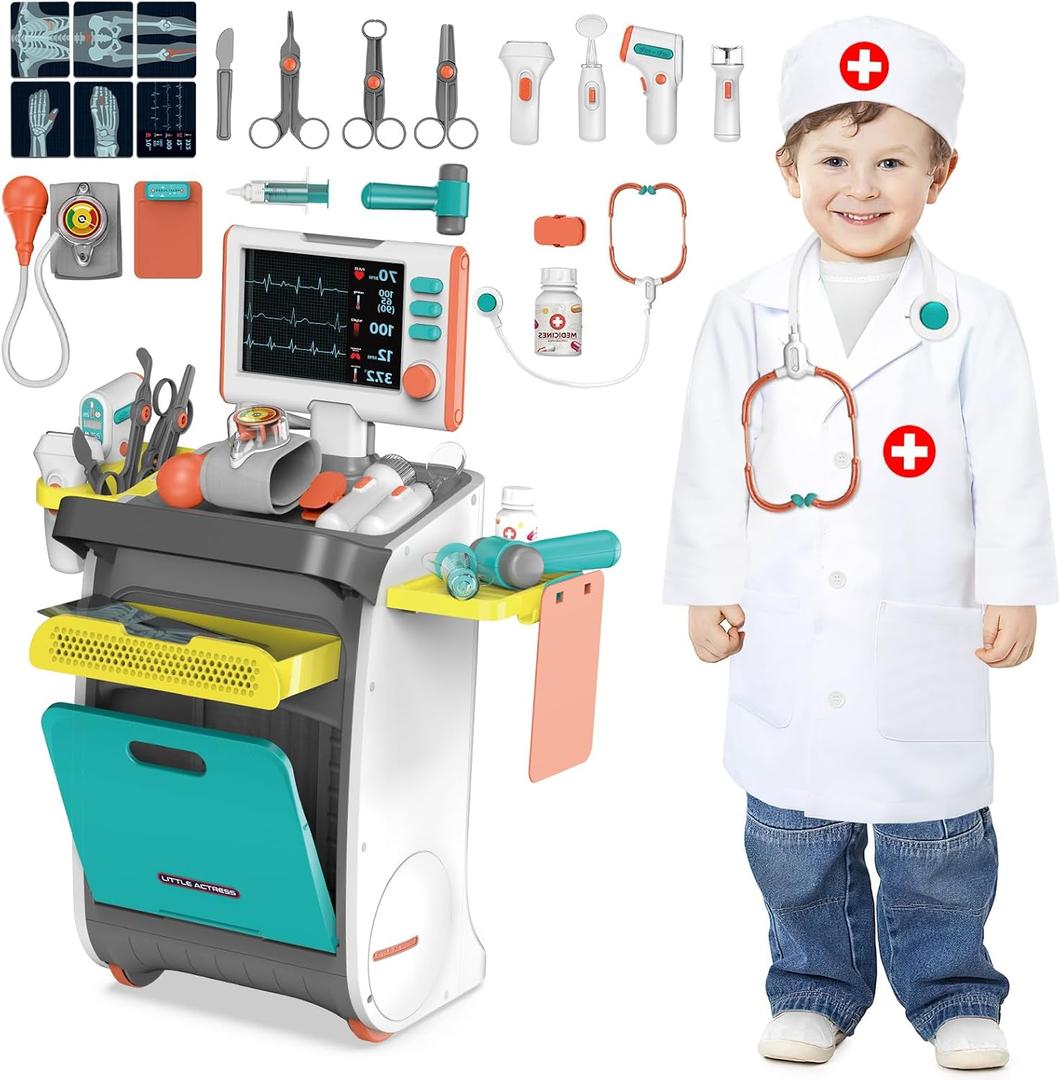 deAO Doctor Kit for Toddlers 3-5 Kids Doctors Pretend Play Set Role Play Toys with Cart Costume Stethoscope and Thermometer Christmas Birthday Gift for Girls Boys (Green)