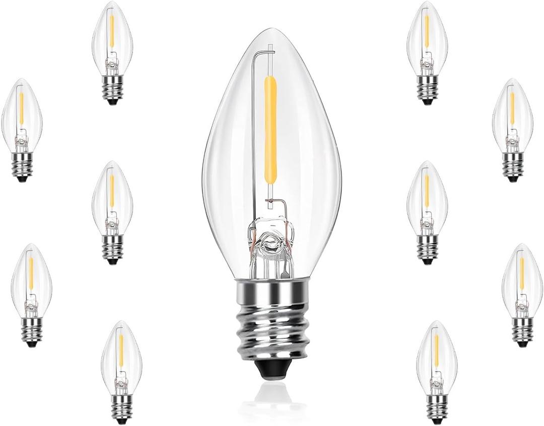 C7 LED Replacement Christmas Light Bulbs, 10 Pack Clear Shatterproof Halloween Bulbs for Outdoor String Lights, Xmas Tree Patio Porch Holiday Party Decor, E12 Candelabra Base, Warm White