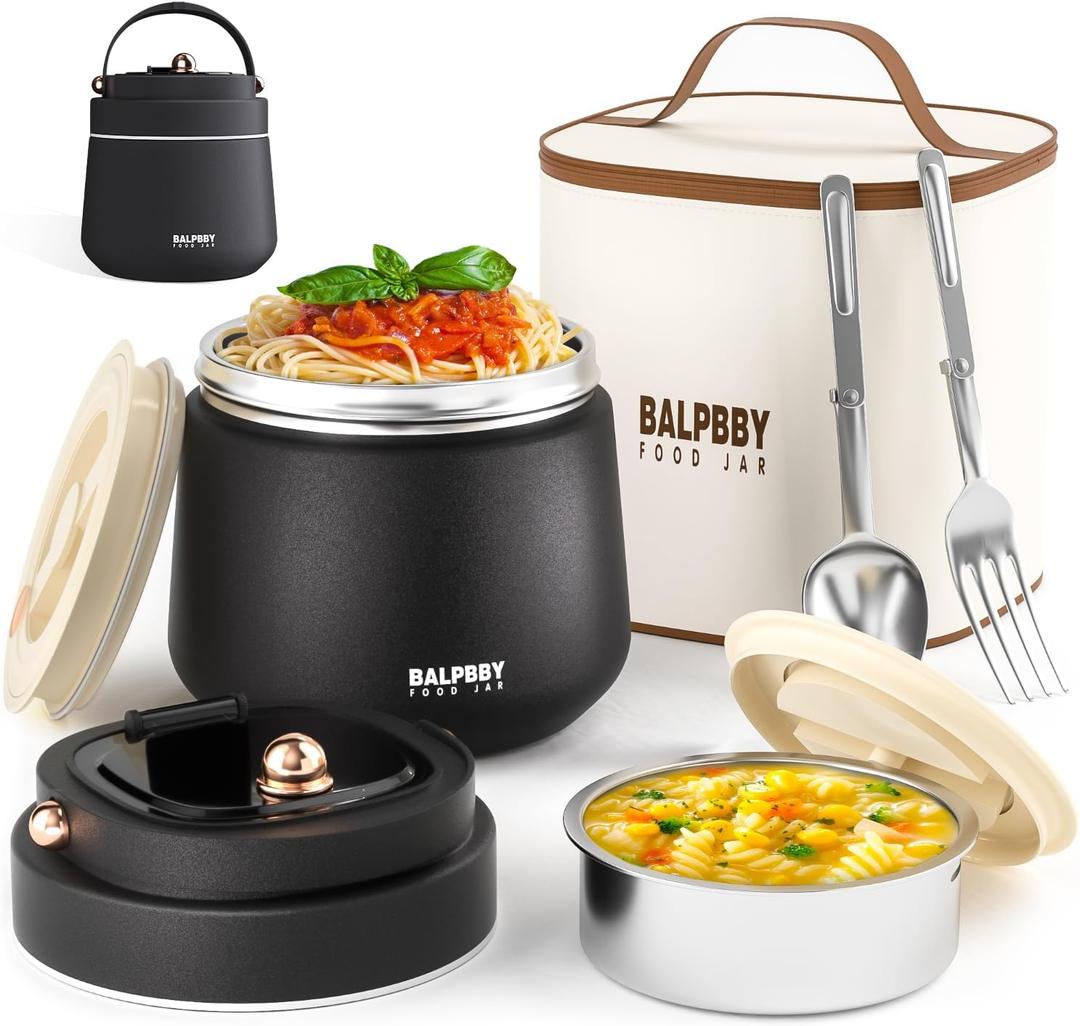Thermo for Hot Food Adults 40OZ Soup Thermo Lunch Containers Wide Mouth Vacuum Insulated Food Jar Stainless Steel Leakproof Lunch Box with Spoon and Fork, Keeps Food Warm, Ideal Gift for Men and Women (Black)