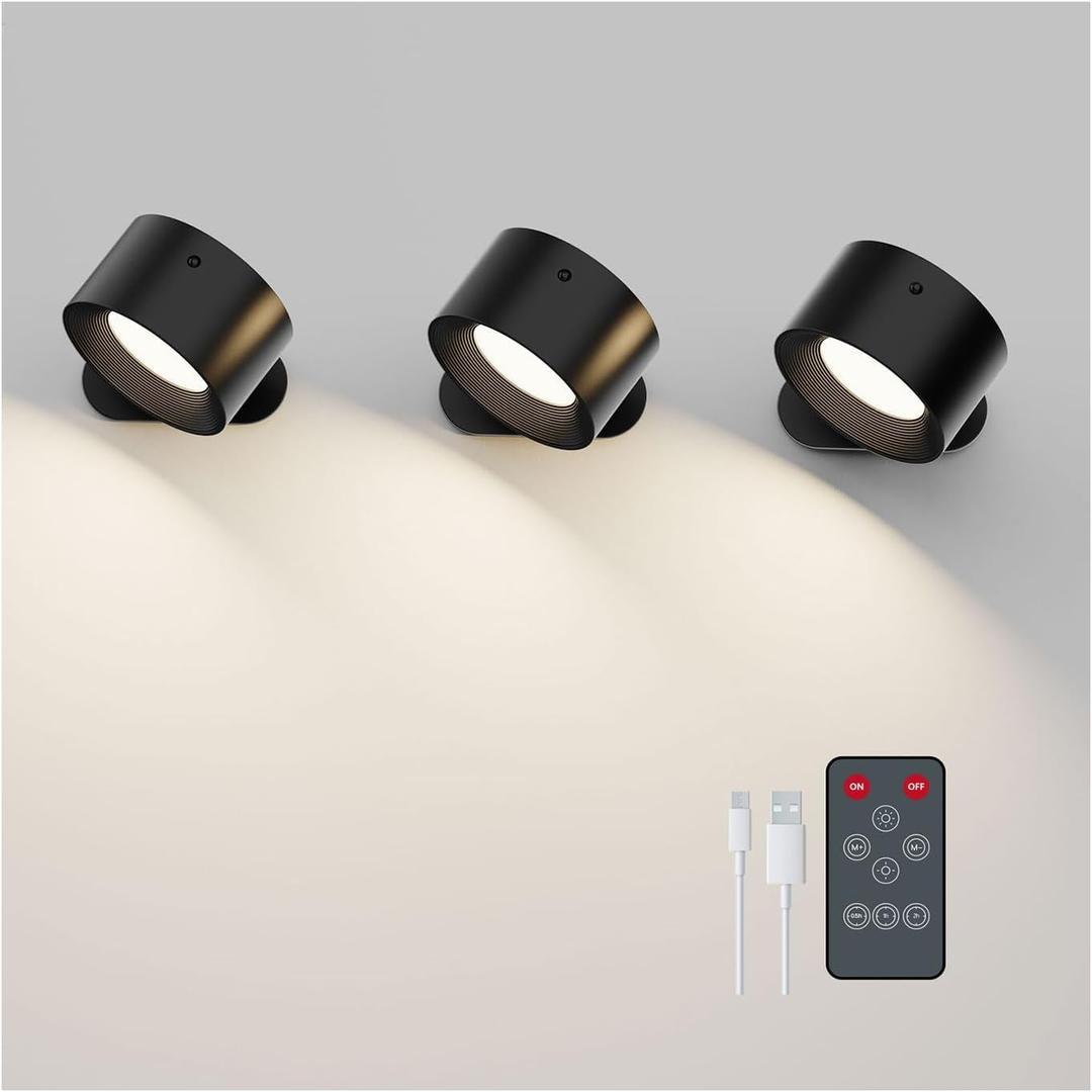 Deyagoo 3PACK Romote LED Wall Sconce - Rechargeable Wall Light, 3 Colors & 3 Brightness Levels, 360 Magnetic Rotating Head, Bedside Reading Lamp, Easy Install Battery Operated Wall Lamp Black