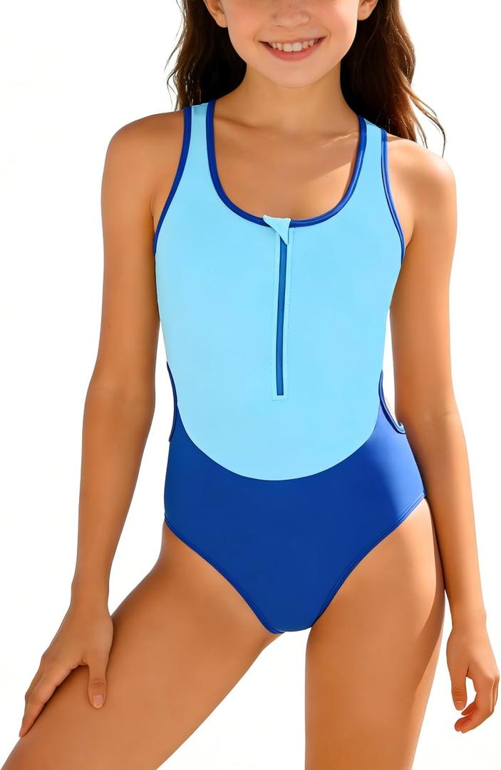 Girls Swimsuit Color-Block One Piece Bathing Suit with Zipper, Cutout Back & Sides Girl Swimsuits Size 9-16