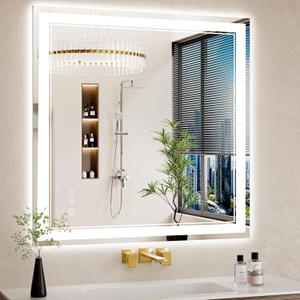 36"x36" LED Bathroom Mirror with Lights, Anti-Fog, Backlit + Front Lit, Dimmable, Led Vanity Mirror for Wall, 3 Colors, Memory Function, Shatter-Proof Tempered Glass