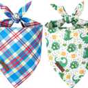 2 x DOGWONG Boy Dog Bandanas 2 Pack, Dinosaur Blue Plaid Print Triangle Reversible Rabbit Carrot Pet Scarf Durable Male Bandana for Small and Medium Dogs (Small)