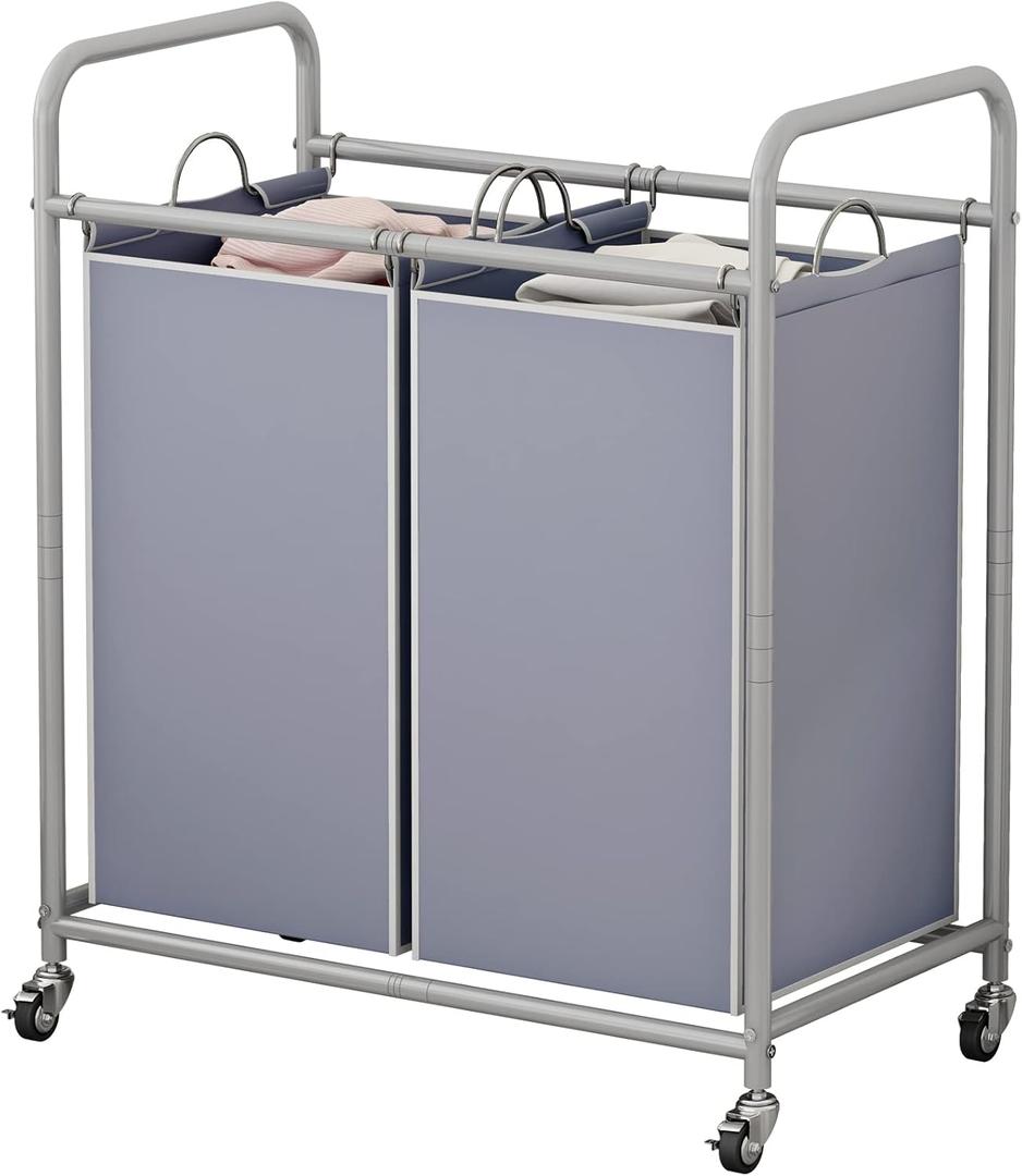 Laundry Sorter Basket 2 Bag Laundry Hamper Cart with Rolling Lockable Wheels and Removable Bags Laundry Organizer Cart for Clothes Storage, Grey