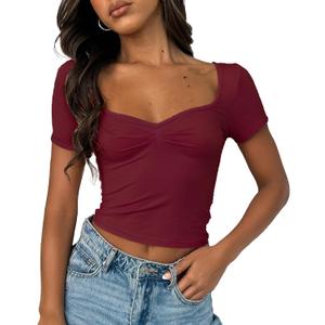 ForeFair Women's Sexy Short Sleeve Going Out Tops Pleated Bustier Shirt Cute Sweetheart Neck Y2K Crop Tee (Medium, Burgundy)