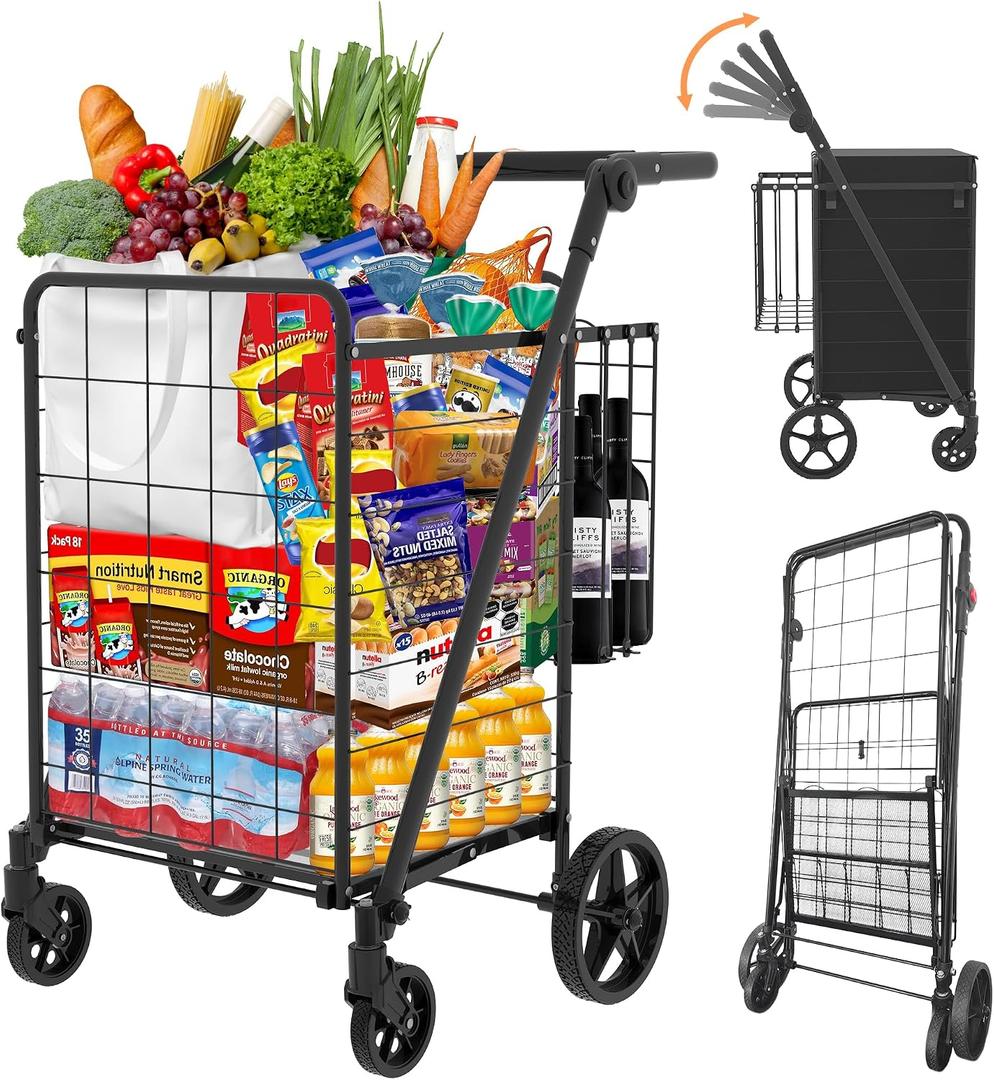 JIALIJIU Grocery Cart on Wheels with Adjustable Handle, Waterproof Bag, 10-min Assembly Heavy-Duty Foldable Shopping Cart for Apartments, Laundry, Camping, Max Load 320 LBS, Black