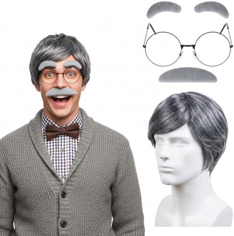 Pistha Old Man Costume Accessories Including Grey Old Man Wig Glasses and Faux Eyebrows Mustache for Grandpa Cosplay