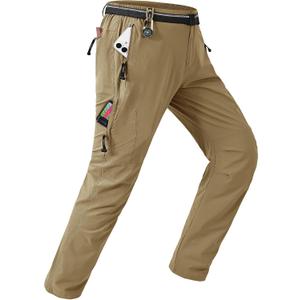 TBMPOY Men's Lightweight Hiking Pants with Belt 5 Zip Pockets Waterproof Quick-Dry Travel Fishing Work Outdoor Pants, L, Khaki