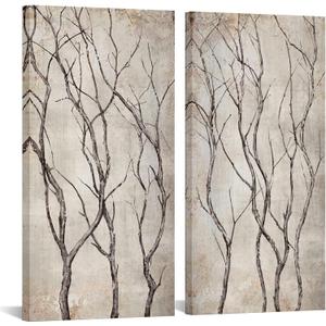 Sechars Rustic Tree Branches Canvas Print Wall Art Beige Tree Painting Picture Vintage Brown Farmhouse Living Room Decorations 20"x40"x2PCS