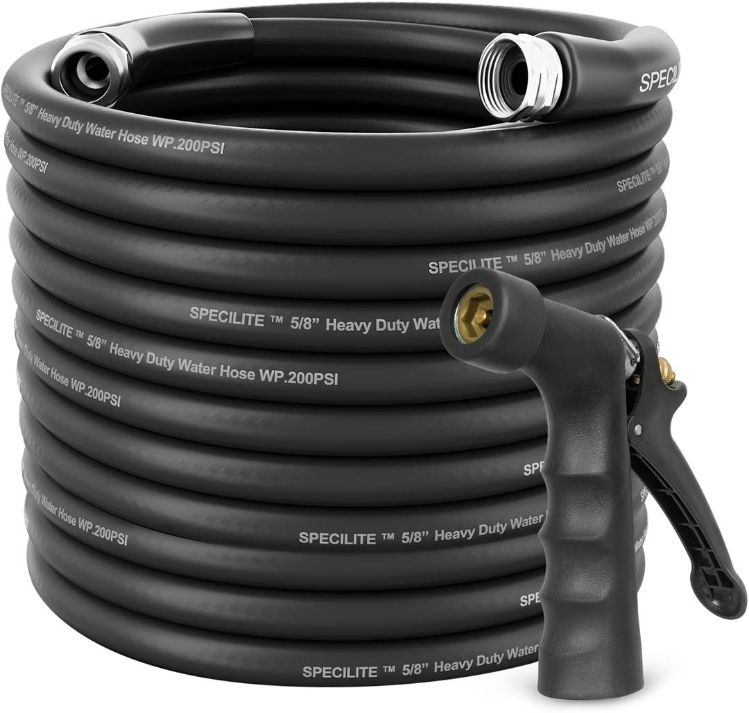 5/8" Hot/Cold Garden Hose 150 ft with Industrial High Pressure Nozzle, Flexible & Lightweight, 600psi Burst Rubber Water hose -50-158 With 3/4"Stainless Steel Fittings for Yard, Black