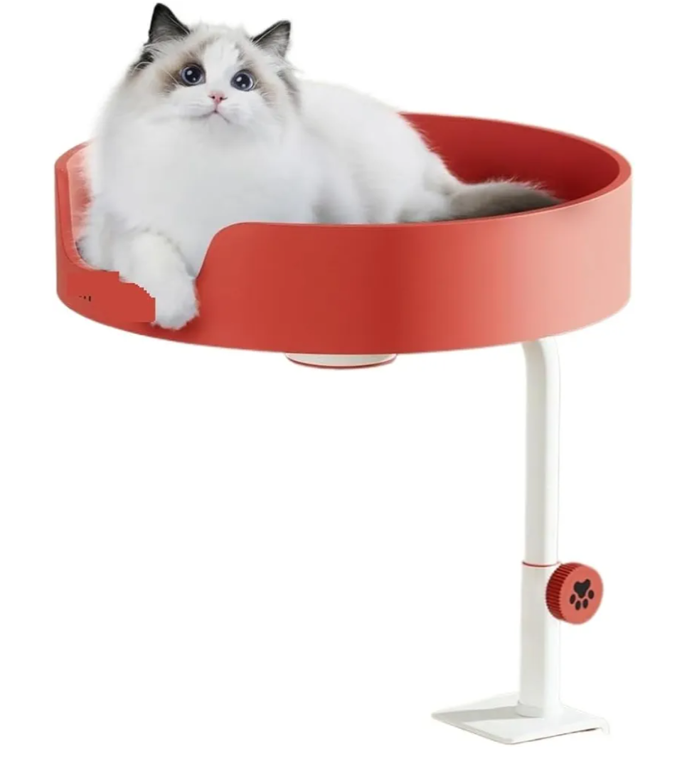 Clioran Cat Desk Bed Large Perch Nest with Teaser Easy Install, Space Saving Mount Design, Sturdy Frame, Removable Cushion, Clamp Desktop Attachment Hammock for Home Office, Side Table(White and Red)