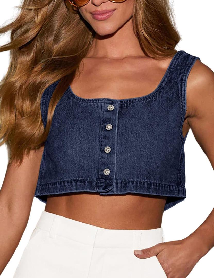 Orchidays Womens Reversible Tank Top Sleeveless Crop Tee Button Denim Blouse (XL)