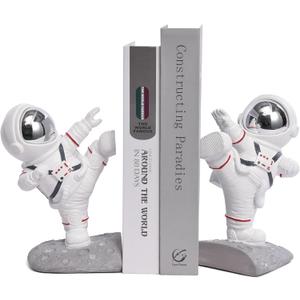 White Book Ends for Kids, Upgraded Astronaut Bookends Resin Spaceman Book Holders for Shelves Sturdy Book Stopper Book Ends to Hold Books Unique Outer Space Book Shelf Ends(F2-Silver Color)