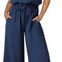 Dokotoo Jumpsuits for Women 2026 Summer Ruffle Sleeves Square Neck Rompers Drawstring Overalls with Pockets (Large, Navy)
