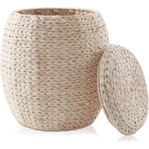 Casafield Round Storage Basket with Lid - Whitewash, Handwoven Water Hyacinth Organizer for Laundry, Blankets, Plants, Bedroom, Living Room, Office
