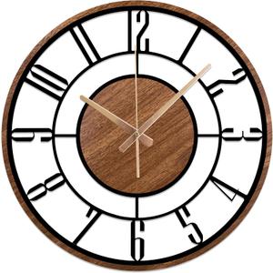 Metal Large Wall Clock, Black Metal with Wood Non Ticking, Silent Battery Operated Clocks for Home Living Room Farmhouse Kitchen Office Dining Room, Modern Round Wall Clock Decor, Housewarming Gift