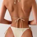Women's Ribbed Two Piece Adjustable Triangle Beads Shoulder Strap Bikini Set Sexy Bathing Swimsuits (Beige, Small)