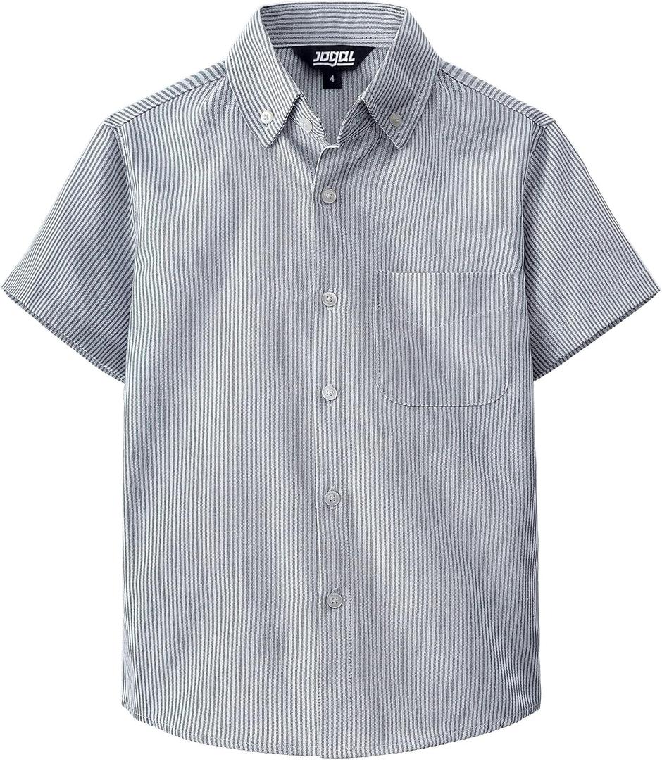 JOGAL Boys Button Down Shirt Short Sleeve Oxford Dress Shirts Casual Striped Tops for 6-14 Years (Navy)