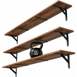 WOPITUES Floating Shelves for Wall 48W x 8D, Long Wall Mounted Shelves Set of 3, Wood Book Shelves Decor, Farmhouse Display Shelf for Bedroom, Living Room, Laundry Room, Kitchen, Bathroom, Brown